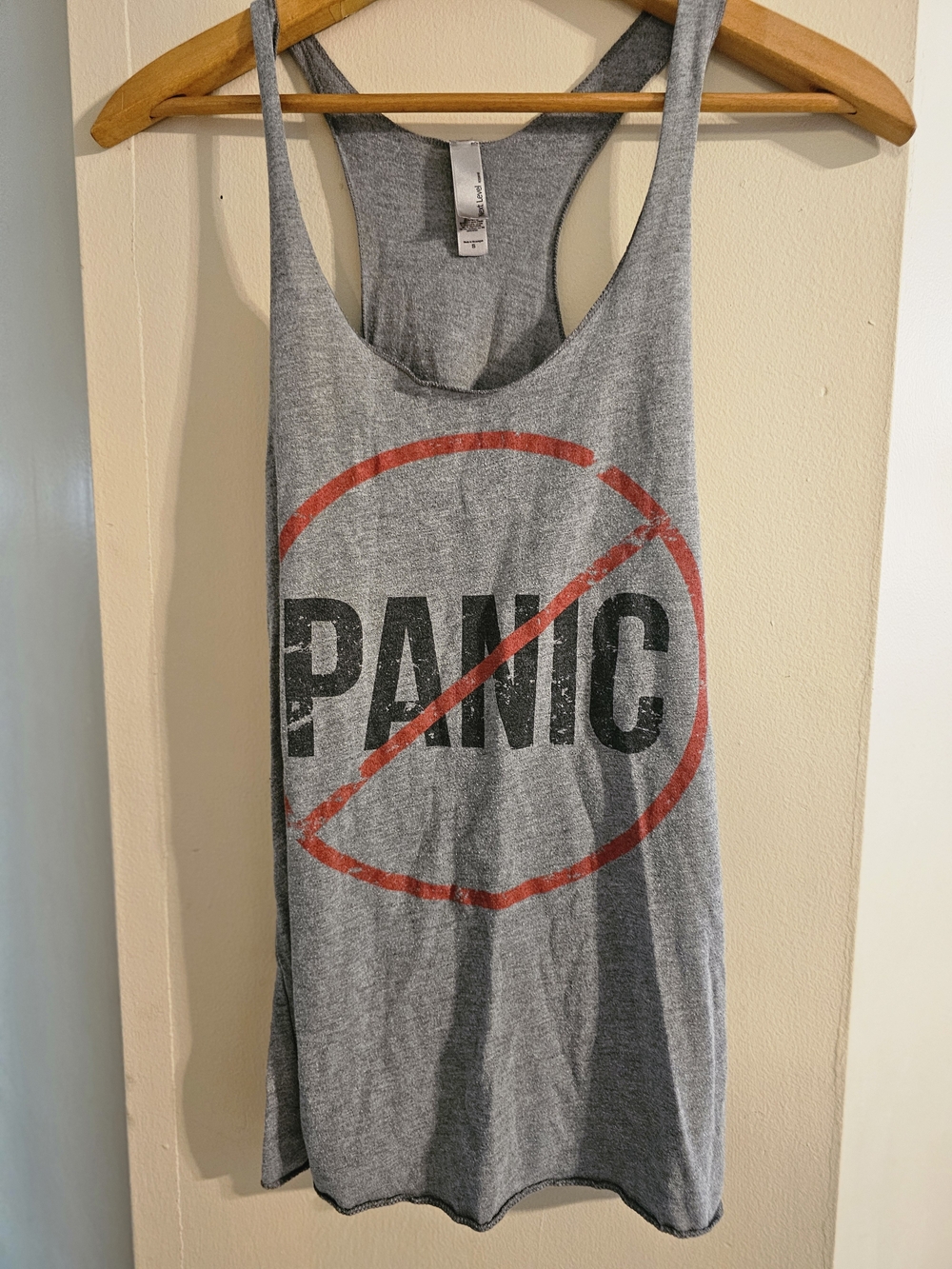 Gray No Panic Graphic Racerback Tank with Band Red Logo On Back